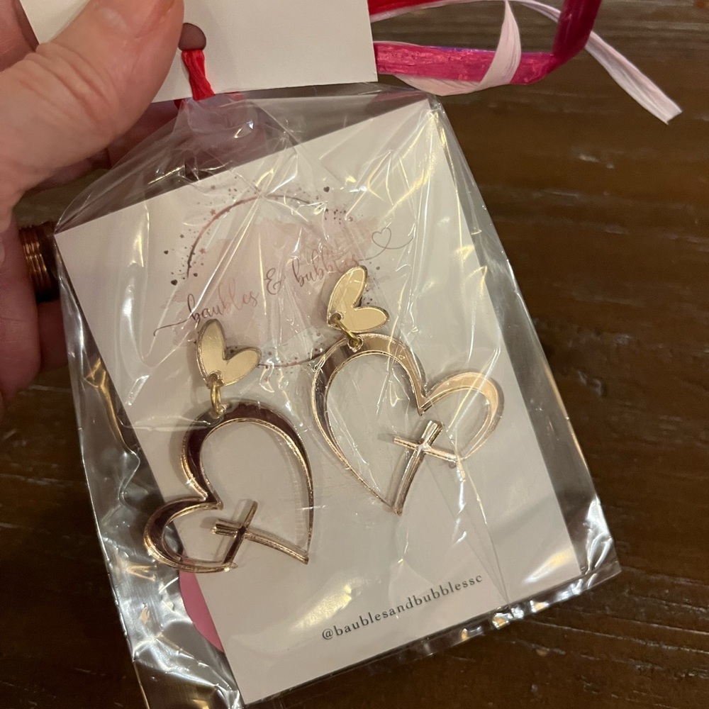 NWT Heart Earrings with Cross Accent. Valentine Easter Gift Wrapped